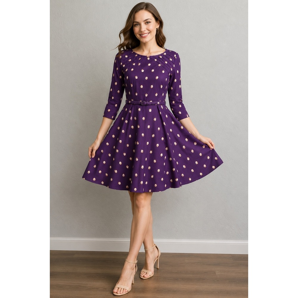 Unique Vintage Purple‎ Owl Print Fit Flare Dress XL 14 Pleated Shoulder Belted